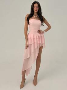 Aloruh Ruffled Hem Asymmetrical Hem Romantic Elegant Pink Valentine's Day Dress - Pink - View 4