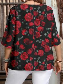 EMERY ROSE 休闲简约通勤日常百搭浪漫红玫瑰印花加大码小号V领衬衫，适合夏季、夏季上衣、黑色上衣、情人节、约会、新年等场合。 - 彩色 - 查看 2