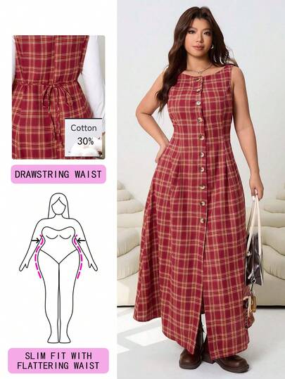 Solflare 2026 New Arrival Sleeveless Long Plaid Dress, Cotton Blend, Waist Tie Design, Suitable For Casual, Party, Commute, Back To School, Date, Home, Birthday, Multi-Occasion Wear, Can Be Worn Alone Or Layered, Plus Size