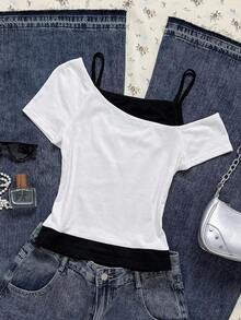 Attitoon Women's Casual Retro Contrast Color Short Sleeve T-Shirt, Guitar Music Festival Spring - White - View 6