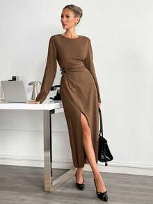 Siren Gaze Vestido midi de manga larga con cuello redondo y abertura alta de unicolor para mujer - Marrón - Ver 4
