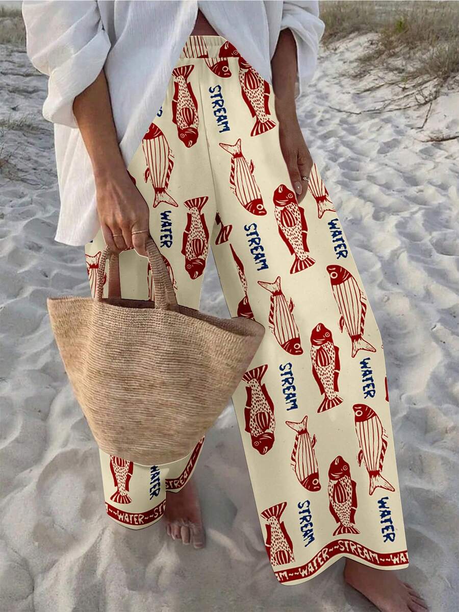 SHEIN VCAY Quần ống rộng dáng suông họa tiết cá đỏ cổ điển dành cho nữ, thích hợp cho mùa hè và kỳ nghỉ. - Nhiều màu - Xem 1