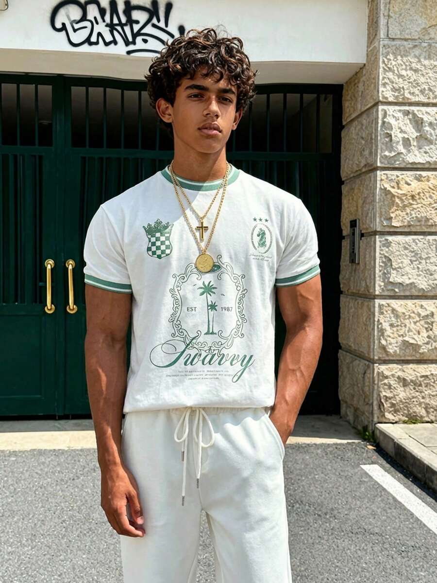 SWAVVY Men's Casual Slogan Print Short Sleeve T-Shirt, Summer - White - View 1