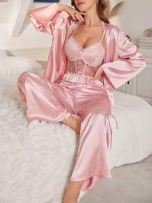 Côtesoire 3pcs Ladies Satin Lace Pajama Set, Fall Winter Clothes - Multicolor - View 6