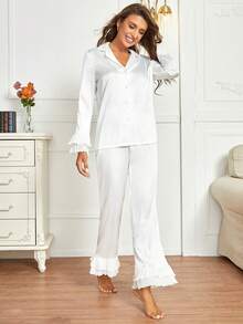 Côtesoire Conjunto de pijama con blusa de satén con cuello en pico y pantalones con dobladillo con volantes, conjunto blanco, ropa de otoño e invierno cómoda y elegante - Blanco - Ver 4