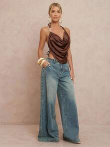 Lumalex Modest Old Money Coquette Glitter Holiday Party Rave Festival Outing Swim Vacation Bohemian BOHO Sea Beach Hot Outdoor Richly Layered Wedding Season Banquet Coming Of Age Ceremony Beach Seaside Women's Tie-Dye Print Plunge Neck Beaded Backless Tank Top Scarf Top Cowl Neck Top Halter Top Silk Top Brown Top Spring /Summer Music Festival Fashion Outfits - Coffee Brown - View 5