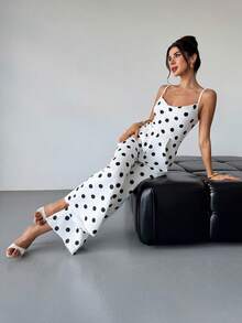 Firerie Eleganter romantischer Damen Jumpsuit mit Polka Punkten, ärmellos, tailliert, weite Beine, geeignet für Alltag, Urlaub, Strand, weißer Hintergrund, Lässig, Pendeln, anmutig, Lehrerin Outfit, Flughafen Outfit, Boho - Schwarz und Weiss - Übersicht 5