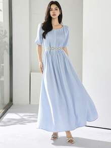 Heiryn 女士纯色圆领短泡泡袖褶皱优雅中长连衣裙 - 藍色 - 查看 5