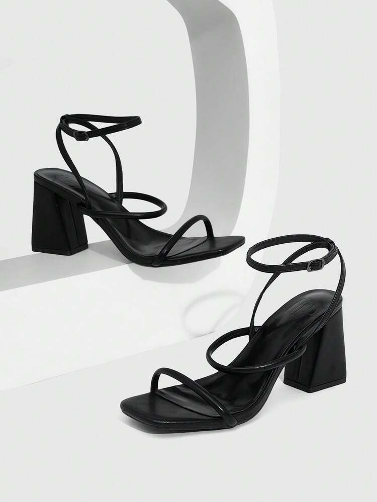 CUCCOO SZL Sandalias de tacón alto sexy con correa de tobillo, cómodas y clásicas, de tacón grueso, punta cuadrada, color negro, para mujer, nuevas para el verano