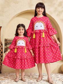 SHEIN Vestido de princesa con cuello redondo, volantes en el bajo y bolso, con estampado de dibujos animados lindo para niña, adecuado para primavera/verano, uso diario, festivales, reuniones familiares y ocasiones especiales - Rosa Fucsia - Ver 7