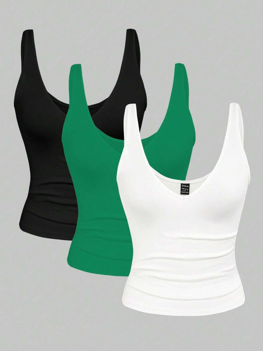 Franclia 2pcs/Set Fitted Short Leopard Print Solid Color V-Neck Camisole For Women, Summer Everyday White Casual - Multicolor - View 1