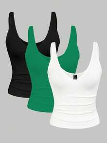 Franclia 2pcs/Set Fitted Short Leopard Print Solid Color V-Neck Camisole For Women, Summer Everyday White Casual - Multicolor - View 3