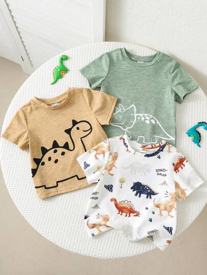 SHEIN 3件套婴儿/幼儿纯色圆领短袖T恤基础款上衣套装，舒适百搭休闲可爱恐龙图案简约风格，适合室内、室外、日常、运动、玩耍、聚会、拍照、度假、春夏穿着。