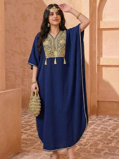 SHEIN Teen Girls' Loose V-Neck Patchwork Dress With Tassels, Batwing Sleeves, Maxi Length, Suitable For Spring/Summer, Vacation