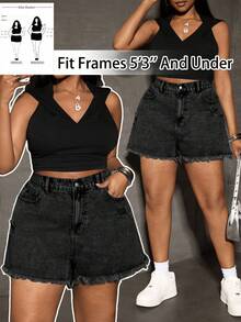 SHEIN PETITE CURVE Pantalones cortos vaqueros casuales y sueltos con bolsillos y dobladillo deshilachado para mujer de talla grande - Negro - Ver 2