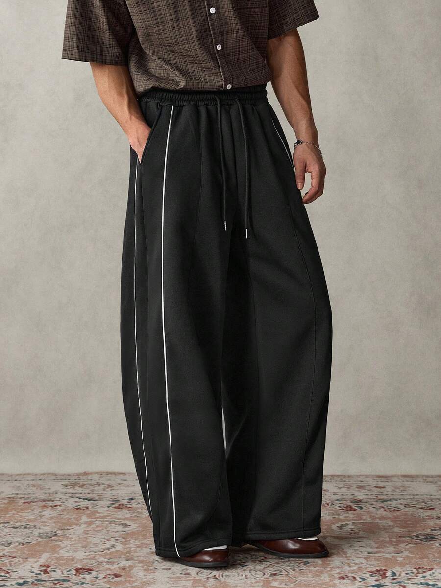 SWAVVY 男士休闲抽绳腰褶裥拼接运动裤，浅灰色，春秋季，宽松版型，阔腿裤，男士侧条纹健身裤 - 黑色 - 查看 1