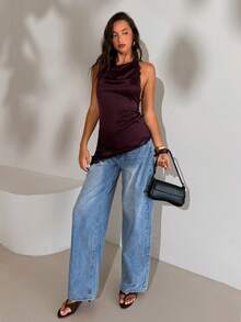 Aloruh 女士性感优雅蕾丝拼接露背吊带缎面纯色上衣 - 紫色 - 查看 6