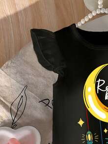 Ramadan Baby Girl Elegant Princess Style Puff Sleeve A-Line Dress, Suitable For Gatherings And Parties, Moon Lantern Pattern Design, Lightweight And Comfortable For Spring/Summer, Fashionable Casual Wear For Spring/Summer, Street Style, Outdoor Picnic, Photography, Festivals, Gifts - Multicolor - View 4