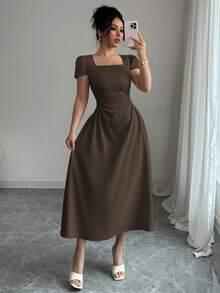 Elenzga Đầm midi nữ thanh lịch màu trơn cổ vuông, thắt eo, tay phồng, thích hợp cho kỳ nghỉ, tiệc trà chiều, mùa xuân/hè. - Màu nâu Sô-cô-la - Xem 5