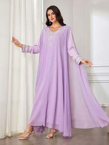 Al Najma Rochie de petrecere luxoasă pentru femei, Abaya maxi din șifon, cu paiete argintii și imprimeu floral