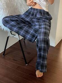 Livesso 女士休闲日常弹力腰格子家居裤 - 藍色 - 查看 4