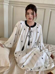 Dazy Plus Cartoon Print Loose Contrast Color Patchwork Drawstring Collar Long Sleeve Plus Size Women Nightgown Pajamas - Apricot - View 6