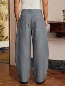 SWAVVY 男士条纹印花褶裥前开襟纽扣休闲裤 - 灰色 - 查看 2