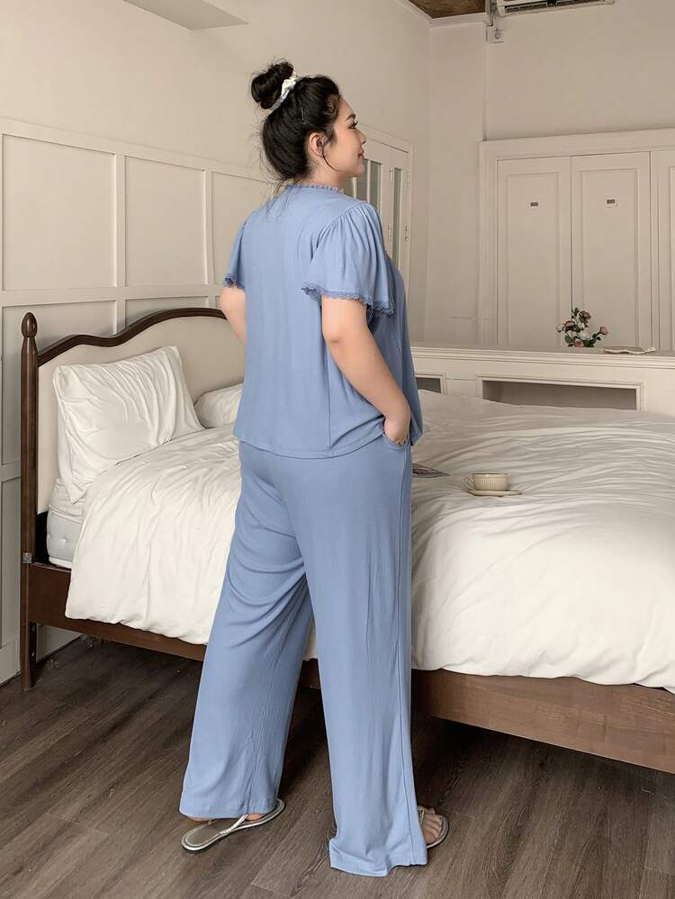 Dazy Plus 2pcs Sleepwear Set, Contrast Lace Loose Short Sleeve Top And Long Pants, Elegant Spring/Summer Pajamas