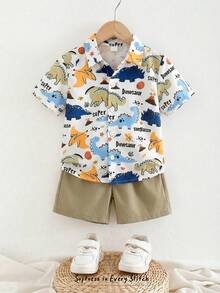 SHEIN 2pcs/Set Young Boy Kids Comfortable Casual Daily Versatile Cute Dinosaur Print Hawaiian Collar Short Sleeve Shirt And Shorts Set, Suitable For Spring/Summer, Daily Wear, Sports, Outings, School, Parties, Festivals, Photo Shoots, Back To School, Vacation, Beach
