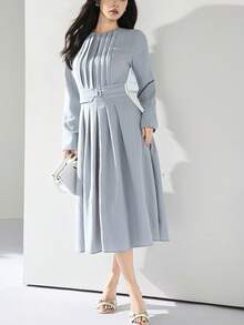 Heiryn 女士纯色圆领褶裥设计优雅中长连衣裙 - 藍色 - 查看 5