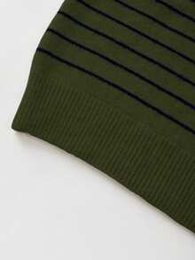 SHEIN Franclia Áo len gile nữ dáng rộng, tối giản, phối sọc tương phản, phong cách thường ngày, thích hợp cho mùa Thu/Đông. - xanh quân đội - Xem 3