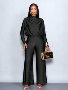 SOLERSUN 女士优雅高领插肩袖垂褶领收腰连体裤，适合秋冬季穿着。 - 黑色 - 查看 3