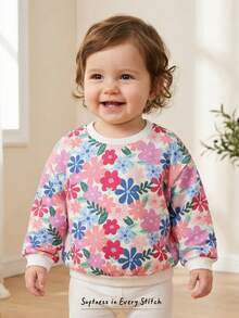 Cozy Pixies Áo nỉ chui đầu cổ tròn tay dài in họa tiết hoa cho bé gái, áo nỉ chui đầu dày lót nhiệt - Hồng - Xem 3