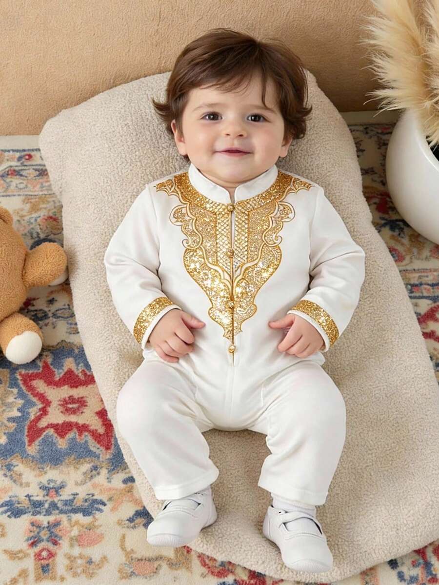 SHEIN Newborn Baby Boy Baroque Gold Floral Pattern Mandarin Collar Long Sleeve Romper, Suitable For Formal Occasions, Birthday Parties, Raves, Galas, Performances, Weddings, Month Celebrations, Christenings And 1st Birthday Parties Baby Boy Christening Suit Baby Vintage Clothes - Multicolor - View 1