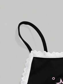 ROMWE Cute & Kawaii Emoticon Print Lace Camisole & Ruched Shorts Pajama Set, Casual Loungewear - Black - View 7