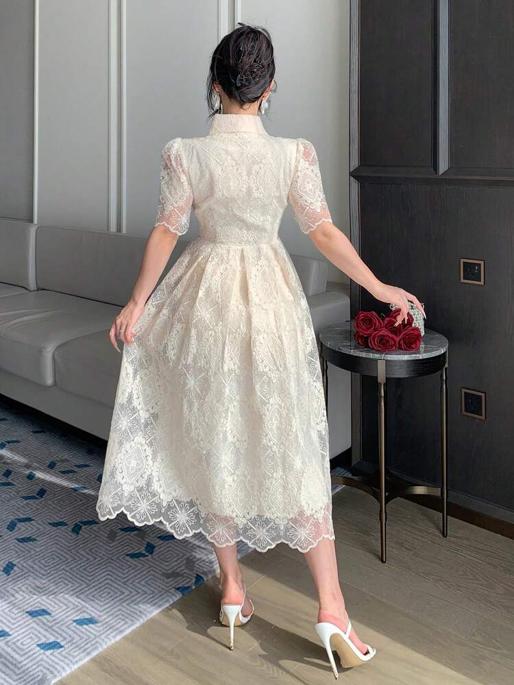 Elegant French Lace Dress, Waist Cinching, Flattering, High-End Wedding Guest Dress Sundress