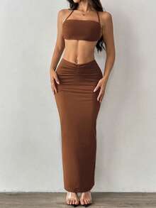 EgrlEra 女士度假休闲纯色吊带上衣和半身裙两件套 - 咖啡棕 - 查看 6