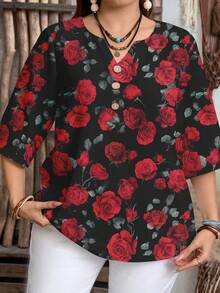 EMERY ROSE 休闲简约通勤日常百搭浪漫红玫瑰印花加大码小号V领衬衫，适合夏季、夏季上衣、黑色上衣、情人节、约会、新年等场合。 - 彩色 - 查看 6