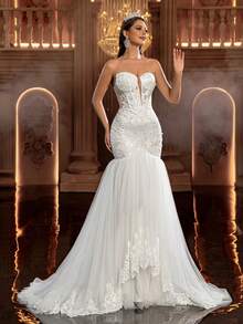 Glamrae Elegant Luxurious Embroidered Lace Applique Bustier Mermaid Layered Tulle Trailing Romantic Lace Applique Wedding Dress, Suitable For Weddings, Parties, Honeymoons, Bridal Gowns - White - View 5