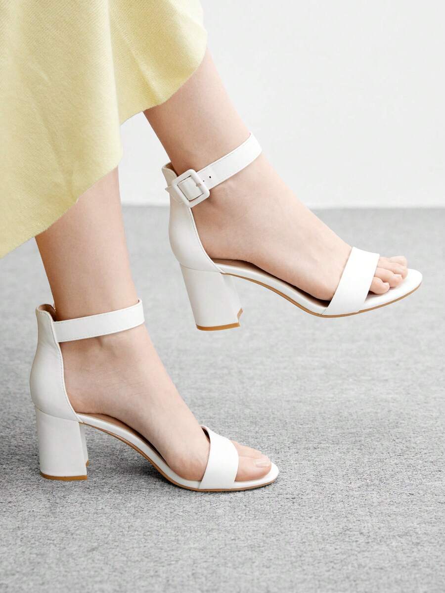 CUCCOO BIZCHIC 女士夏季新款圆头粗跟高跟米色踝带时尚经典简约舒适通勤凉鞋 - 白色 - 查看 1