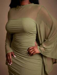 Radiana 大码女装秋冬优雅华丽性感基础款网纱褶皱修身女神裙，适合宴会、盛宴、晚宴、舞会、舞会等场合，凸显身材，修饰身形，展现迷人曲线。 - 軍綠色 - 查看 5