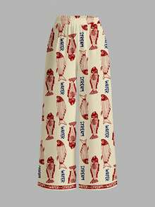 SHEIN VCAY Quần ống rộng dáng suông họa tiết cá đỏ cổ điển dành cho nữ, thích hợp cho mùa hè và kỳ nghỉ. - Nhiều màu - Xem 7