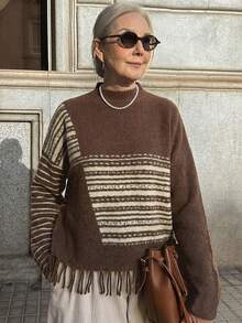 Vivie Lora Women's Geometric Patchwork Contrast Color Fringe Loose Knit Sweater - Khaki - View 4