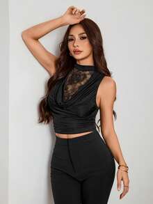 SHEIN PETITE Women's Scoop Neck Lace Fitted Camisole, Spring/Summer - Black - View 7