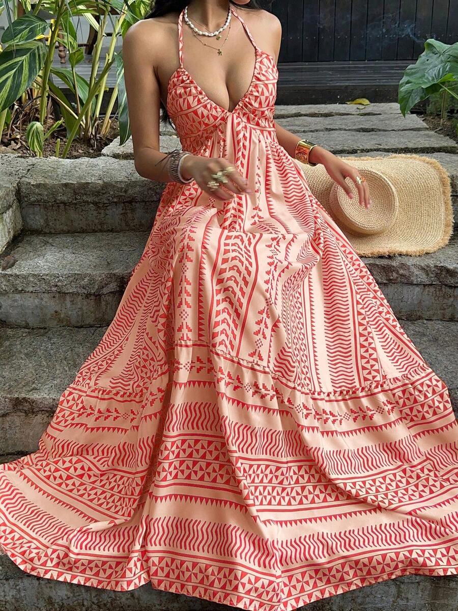 Sunnyshic Đầm đi biển màu hồng in kỹ thuật số, ôm eo, hở lưng, dây buộc, cổ chữ V, thích hợp cho kỳ nghỉ. - trái cam - Xem 1