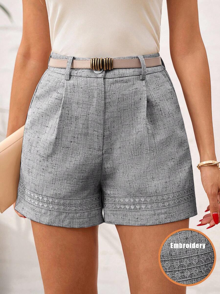 Solivie Quần short vải lanh nhăn, màu trơn, kiểu dáng thanh lịch, phong cách thường ngày. - Xám - Xem 1