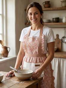 SHEIN Luxury Floral Apron For Women - Elegant Baking Apron With Extra Large Pockets, Soft Chef Kitchen Wear, Christmas Housewife Gift Idea, Pink Home Cooking Accessories - Pink - View 2