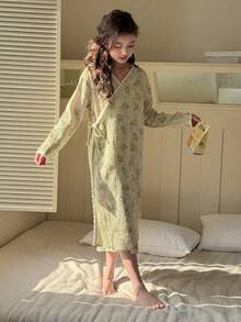 DAZY Tween Girls Botanical Print Wrap Nightgown Loungewear - Green - View 1