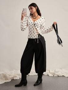 Easelle 女士波点印花V领系带休闲长袖开衫 - 杏色 - 查看 8