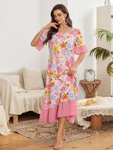 SHEIN V-ringad chiffonglapp med volang och blommönster för kvinnor - Multifärgad - Visa 3